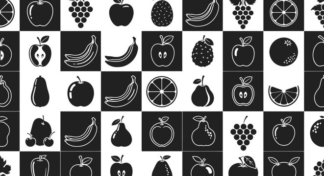Black and white checkerboard pattern with various fruit icons