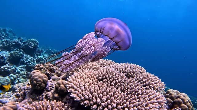 Purple jellyfish swimming near vibrant coral reef with tropical fish