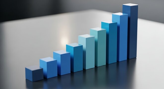 3d blue bar chart showing upward growth and success on a dark surface.