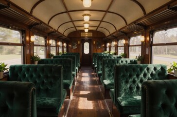 Fototapeta premium Elegant Vintage Train Car Interior with Plush Green Seats and Warm Lighting