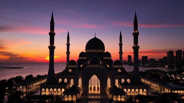 Silhouette of a mosque against a vibrant sunset sky near water