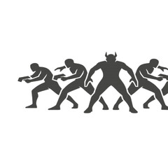Fototapeta premium Silhouettes of Tactical Soldiers and Horned Demon in Combat Stance