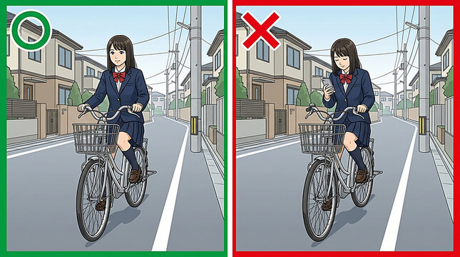 自転車の交通安全：ながらスマホの禁止と安全運転の比較イラスト
(English: Bicycle safety education: Comparison illustration of prohibited smartphone use and safe riding)