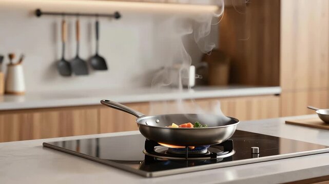 frying pan on induction stove cooking vegetables steam in modern kitchen