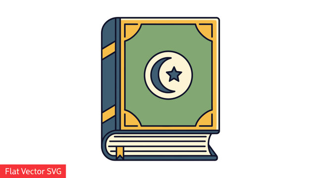Islamic Book Icon, Quran, Crescent Moon and Star, Flat Design