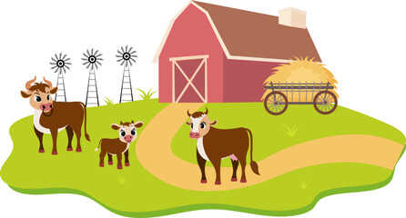 Naklejka premium Farm Animals. Cute farm. A bull, a cow and a calf are standing in the farm yard. Collection of farm animals. Flat vector illustration. Isolated