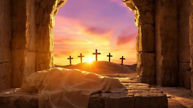 Empty Tomb with Cloth and Crosses at Sunrise resurrection easter