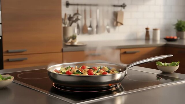 skillet colorful vegetables saute in kitchen on induction cooktop