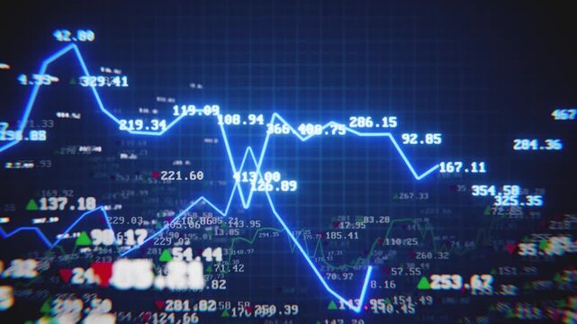 Digital display showing a glowing blue financial graph with changing numbers on a dark background. Seamless loop