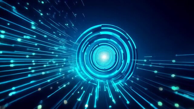 Abstract blue digital tunnel with glowing particles and data streams technology