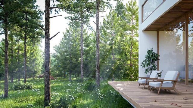 Animation of luxury outdoor wooden deck with chairs and a stunning view of a pine forest with sunlight filtering through trees. Perfect for relaxation and nature concepts. 3d render.