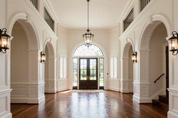 Fototapeta premium Grand Entrance Hall with Arched Openings, Hardwood Flooring, and Elegant Lighting Fixture