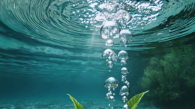 Oxygen Bubble Rise. Photosynthesis & Energy from Sunlight. Marine Science. An aquatic plant (like Elodea) underwater releasing perfectly round oxygen bubbles that float upward toward a sunlit surface

