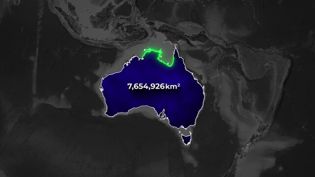 Australia Map Animation with Glowing Green Border and Total Area Data Display on Dark Background
