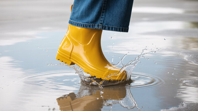Person wearing yellow rain boot stepping into puddle on rainy day