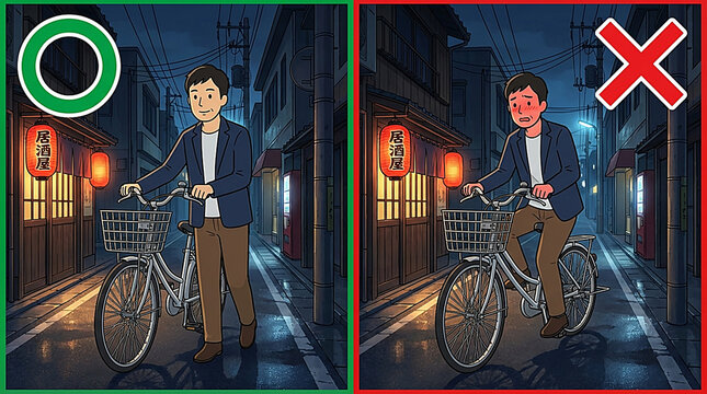 自転車の交通安全：飲酒運転の禁止と自転車を押して歩くマナーの比較イラスト
(English: Bicycle safety education: Comparison illustration of prohibited drunk riding and walking the bike)