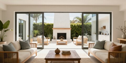 Naklejka premium Bright open plan living room with fireplace and outdoor patio, ideal for interior design