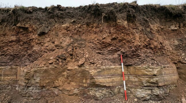 Geological soil profile showing earth stratification layers with red and white ranging pole