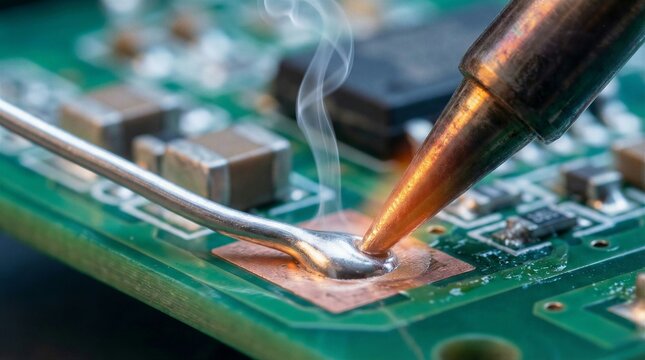 Soldering iron tip touching PCB component with rising smoke trail during assembly