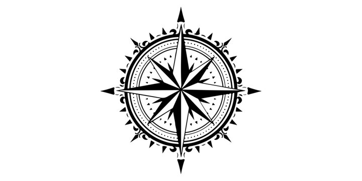 Black and white nautical compass rose vector icon on a black background featuring a star design for travel navigation and cartographic adventure direction