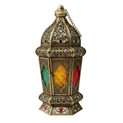 Intricately designed metal lantern with colorful stained glass panels