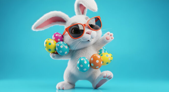 Playful bunny juggling vibrant colorful Easter eggs in sky background