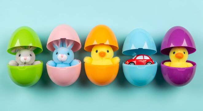 Adorable baby chicks hatching from colorful Easter eggs in grass