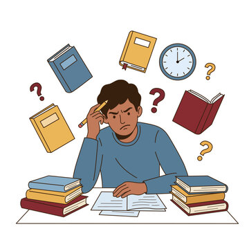 Stressed young Indian student studying at desk surrounded by floating books and question marks