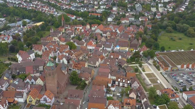 Aerial view around the old town city of  Weil der Stadt, Germany Baden-Wurttemberg ona cloudy summer day
