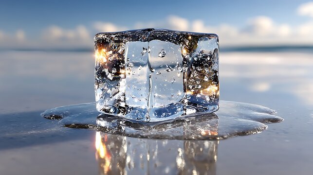 Crystal ice cube with reflection on white table pictures