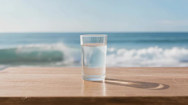 A clear glass filled with water sits on a wooden table overlooking the ocean waves