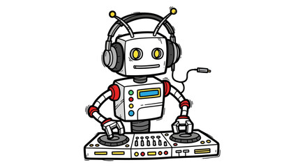 Illustration of a futuristic robot DJ with headphones and mixing music on a turntable console