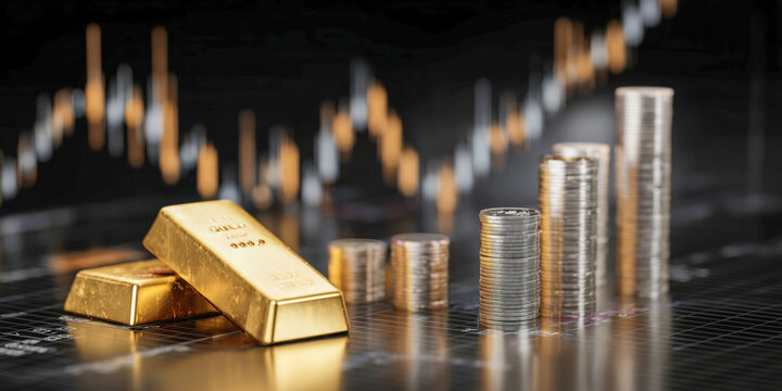 Gold bars lie beside neatly stacked silver coins on a reflective trading surface, with glowing upward candlestick charts in the background symbolizing growth, prosperity, and diversified investment st