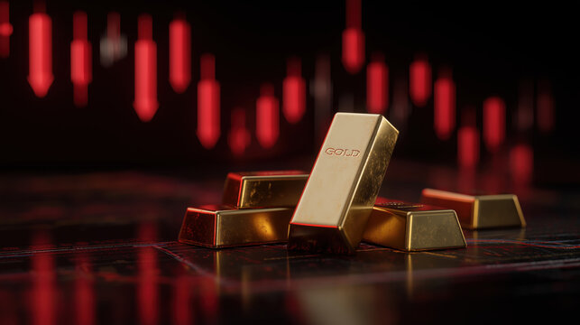 gold bars rest on a reflective surface against a backdrop of red downward candlestick charts, symbolizing financial volatility, investment strategy, and gold as a safe haven asset