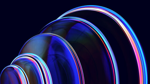 Abstract iridescent glass rings rippling with light dispersion and reflection on a black background