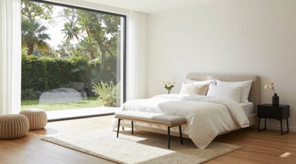 Serene Bedroom Interior with Garden View: Minimalist Design, Natural Light, and Comfortable Bedding for Relaxation