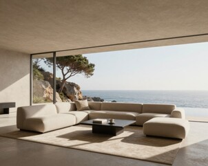 Modern Coastal Living Room Interior with Large Sectional Sofa and Ocean View