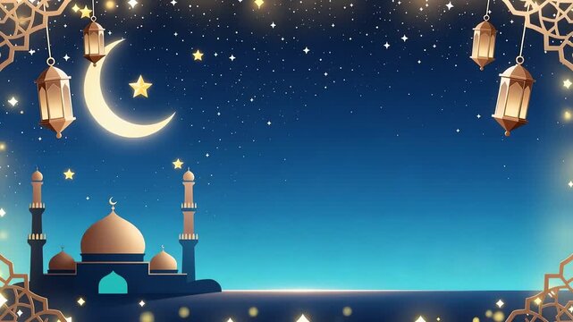 mosque night minarets crescent moon lanterns over calm water