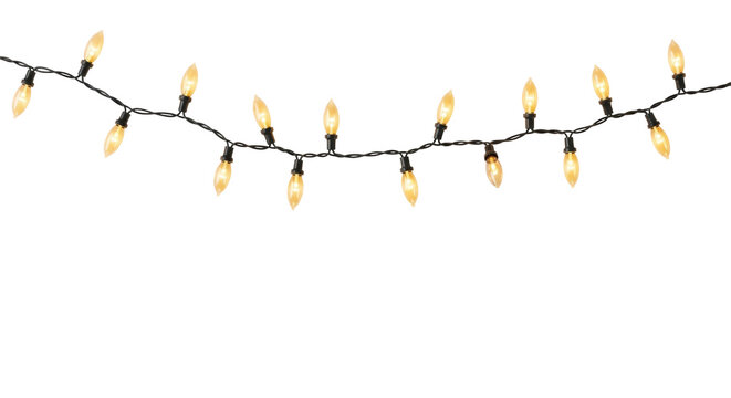 Illuminated, oval golden fairy lights garland border against a transparent background, shallow depth of field, bright photorealistic studio product photo. Minimalist holiday advertising concept