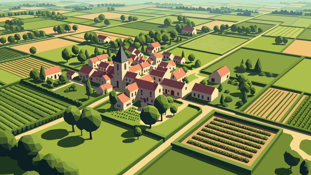 Idyllic low poly rural village landscape with farmlands and trees