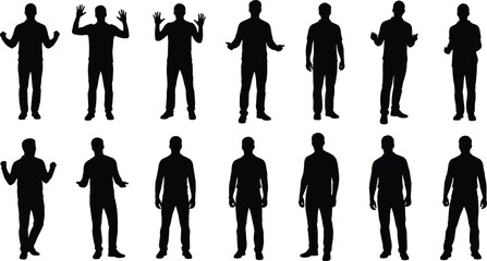Male silhouettes in various standing and gesturing poses isolated on white background human body language vector illustration set © Nayan Stock