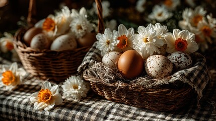 Spring Easter Composition with Pastel Eggs and Gingham Cloth