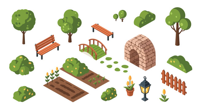Isometric park elements including trees benches bridge and garden features