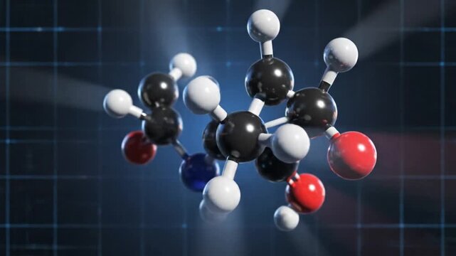 Rotating 3D molecular model of alanine amino acid on a blue grid background.