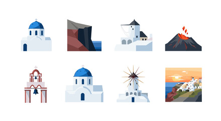 Stylized greek island icons featuring churches and landscape elements in modern flat design