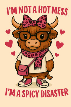 This cute cartoon illustration features a fluffy highland cow character dressed in fashionable accessories and a humorous, self-deprecating phrase about being a spicy disaster.