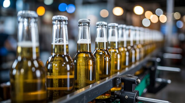 Beer bottles on production line in brewery factory industry
