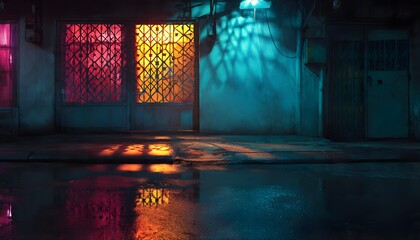 Abandoned Building Facade with Colorful Window Reflections on Wet Pavement, Low-Light Atmosphere.