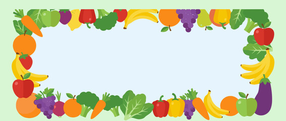 Colorful Panoramic Vector Banner Illustration of a Nutrition Frame with Fresh Fruits and Vegetables Like Apples, Bananas, Grapes, Carrots, and Broccoli Arranged as a Border for Healthy Eating.