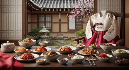 Korean cuisine displayed with traditional attire and architectural elements